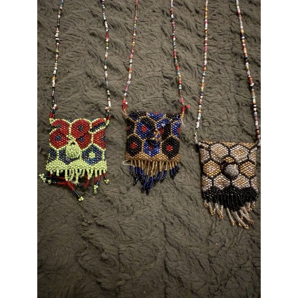 Vintage Hand-Beaded Amulet Medicine Pouch on Beaded Necklace and Fringe Lot Of 7
